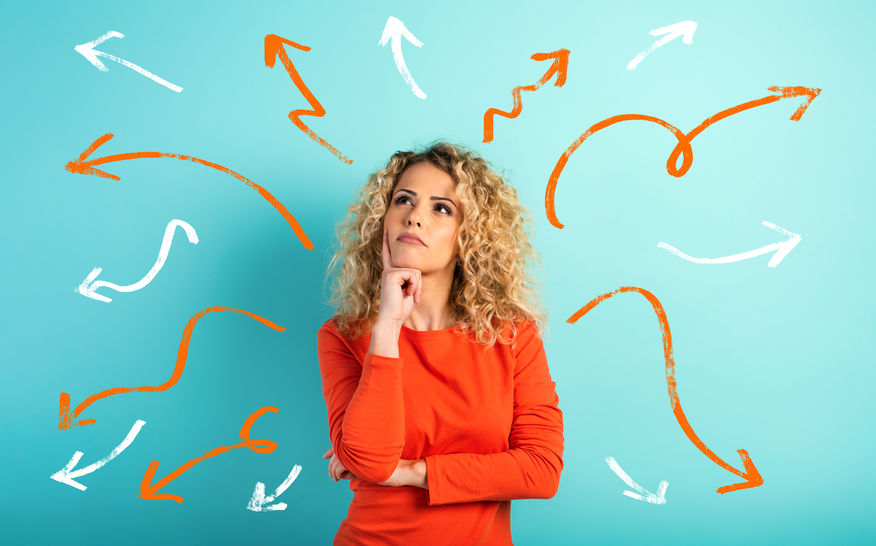 Woman thinking with arrows going in different directions, symbolizing thinking of all of the different benefits to either purchasing or renting a tent