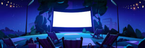 A cartoon of chairs outside on a lawn at night, facing a set up movie screen