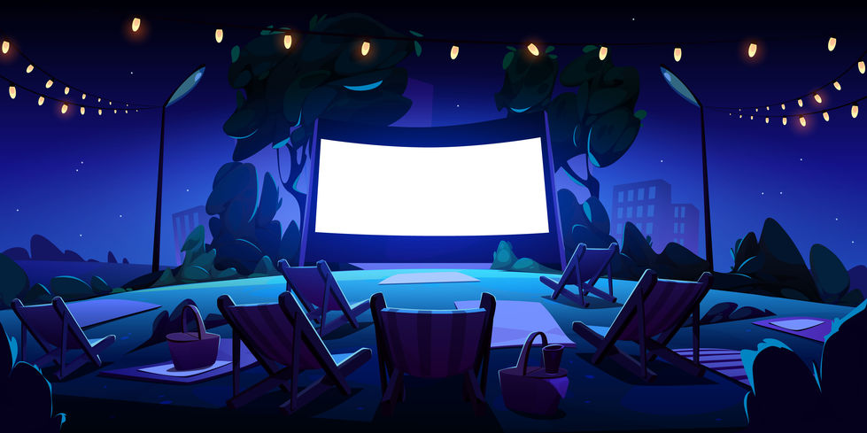 A cartoon of chairs outside on a lawn at night, facing a set up movie screen