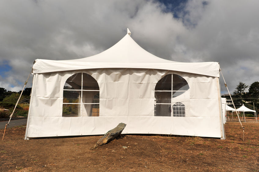 Tents in a field with some brown grass outside